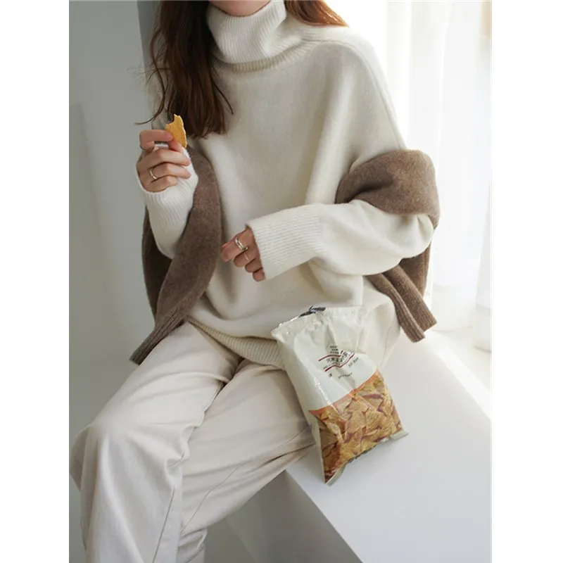 2023 New turtleneck cashmere sweater women thickened cashmere sweater loose hedging lazy knit base