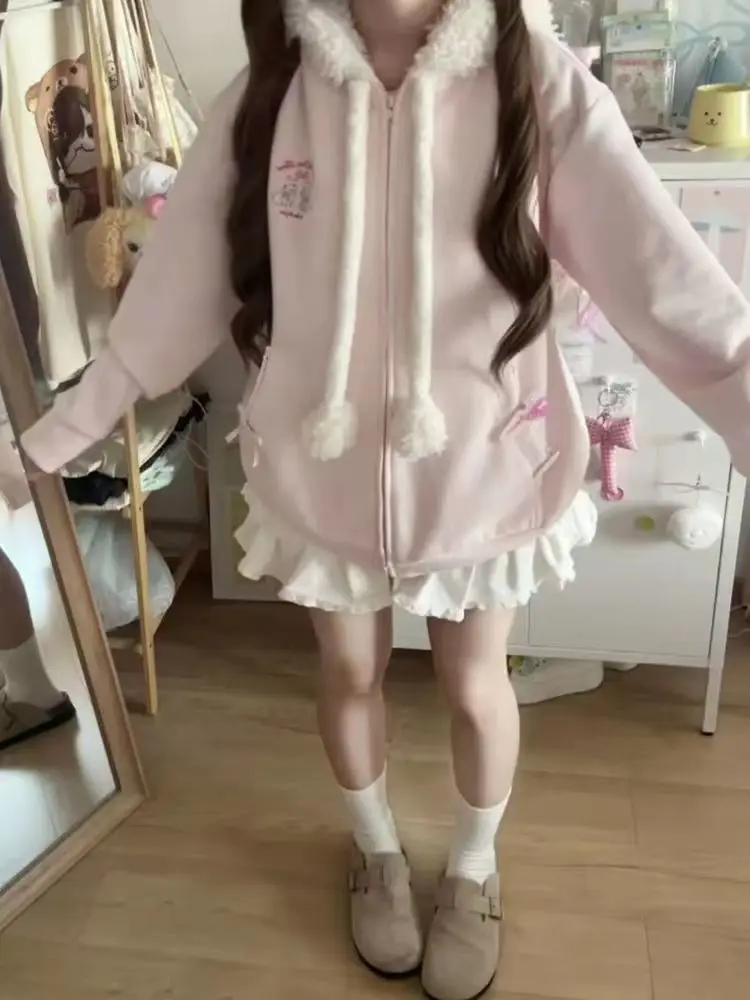 Japanese Sweet Hooded Cardigan Sweatshirt Embroidery Women Cute Jacket Spring Autumn Coat Hooded Y2k Kawaii Outerwear New