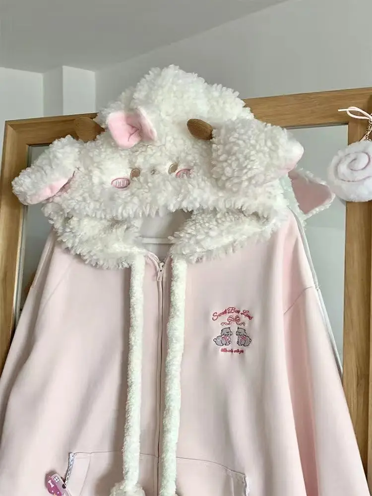 Japanese Sweet Hooded Cardigan Sweatshirt Embroidery Women Cute Jacket Spring Autumn Coat Hooded Y2k Kawaii Outerwear New