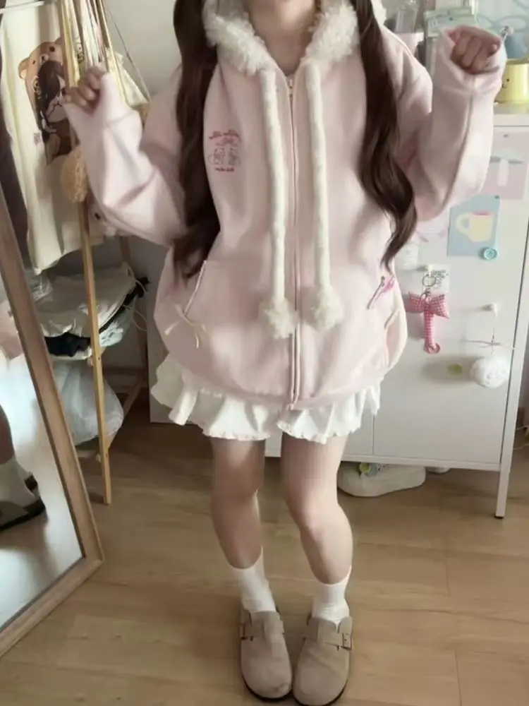 Japanese Sweet Hooded Cardigan Sweatshirt Embroidery Women Cute Jacket Spring Autumn Coat Hooded Y2k Kawaii Outerwear New