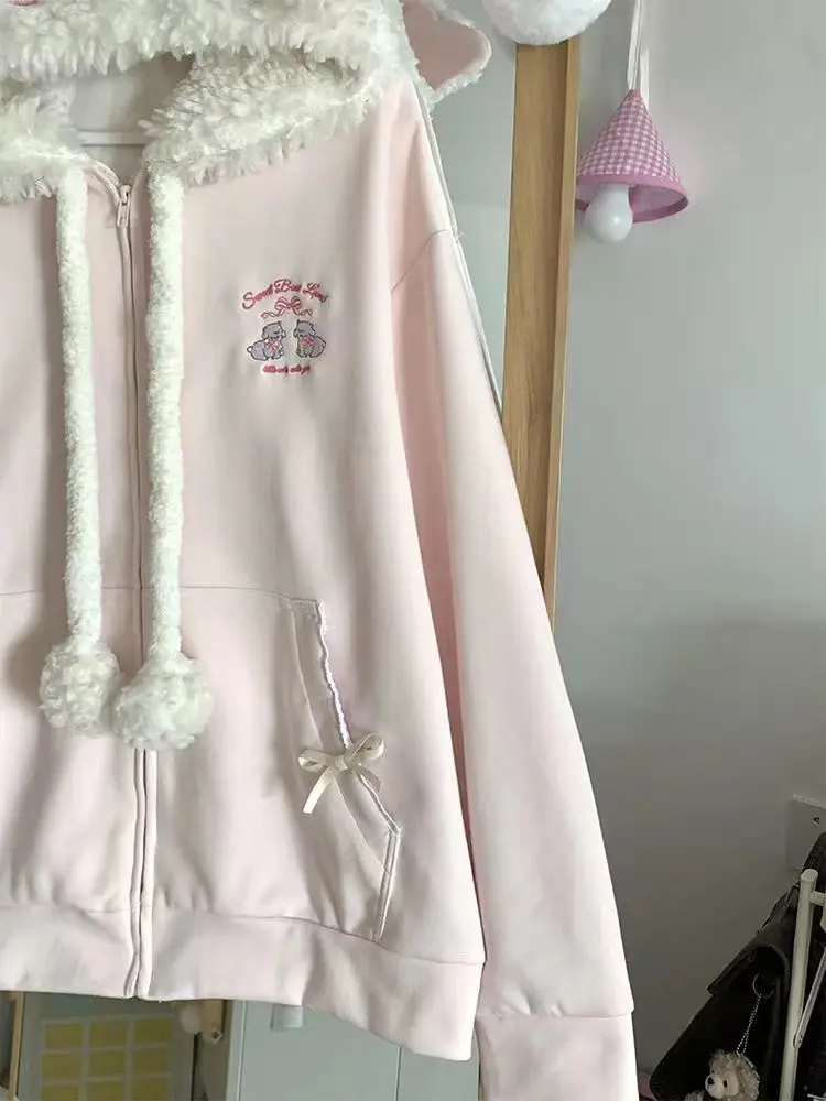 Japanese Sweet Hooded Cardigan Sweatshirt Embroidery Women Cute Jacket Spring Autumn Coat Hooded Y2k Kawaii Outerwear New