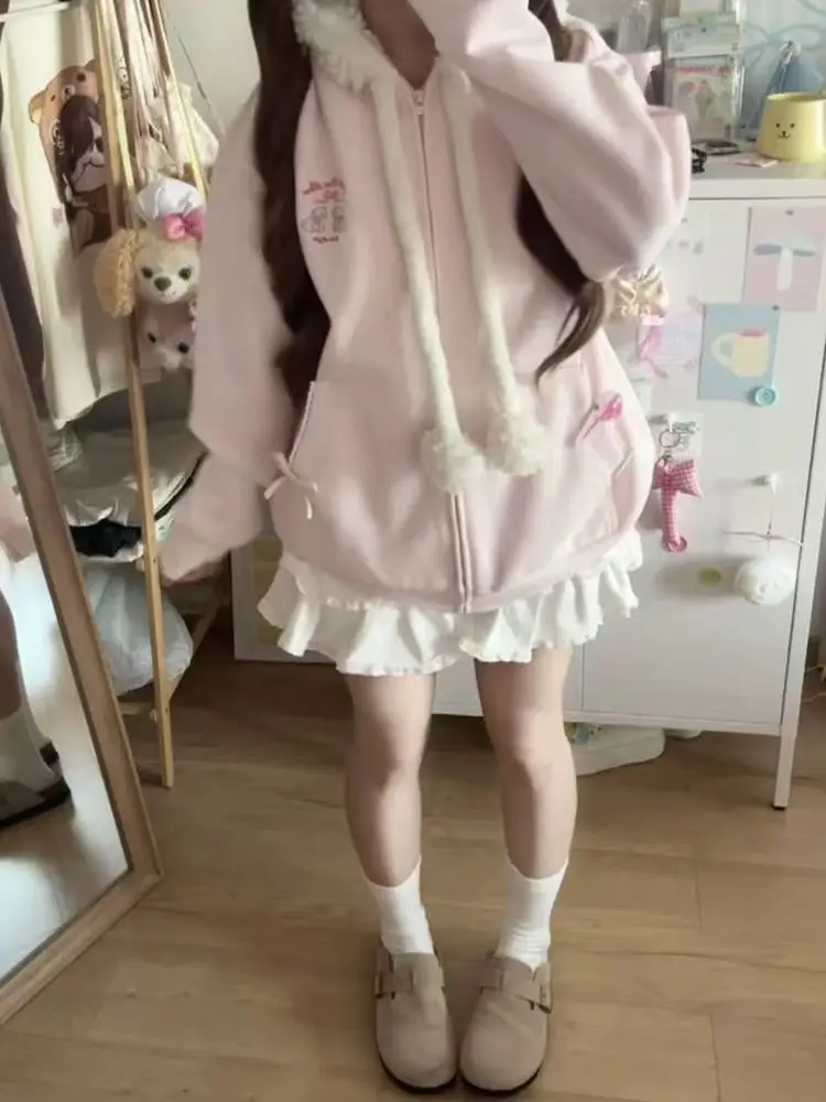 Japanese Sweet Hooded Cardigan Sweatshirt Embroidery Women Cute Jacket Spring Autumn Coat Hooded Y2k Kawaii Outerwear New