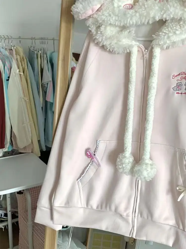 Japanese Sweet Hooded Cardigan Sweatshirt Embroidery Women Cute Jacket Spring Autumn Coat Hooded Y2k Kawaii Outerwear New