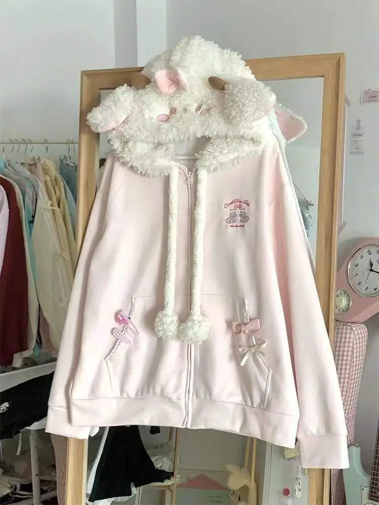 Japanese Sweet Hooded Cardigan Sweatshirt Embroidery Women Cute Jacket Spring Autumn Coat Hooded Y2k Kawaii Outerwear New