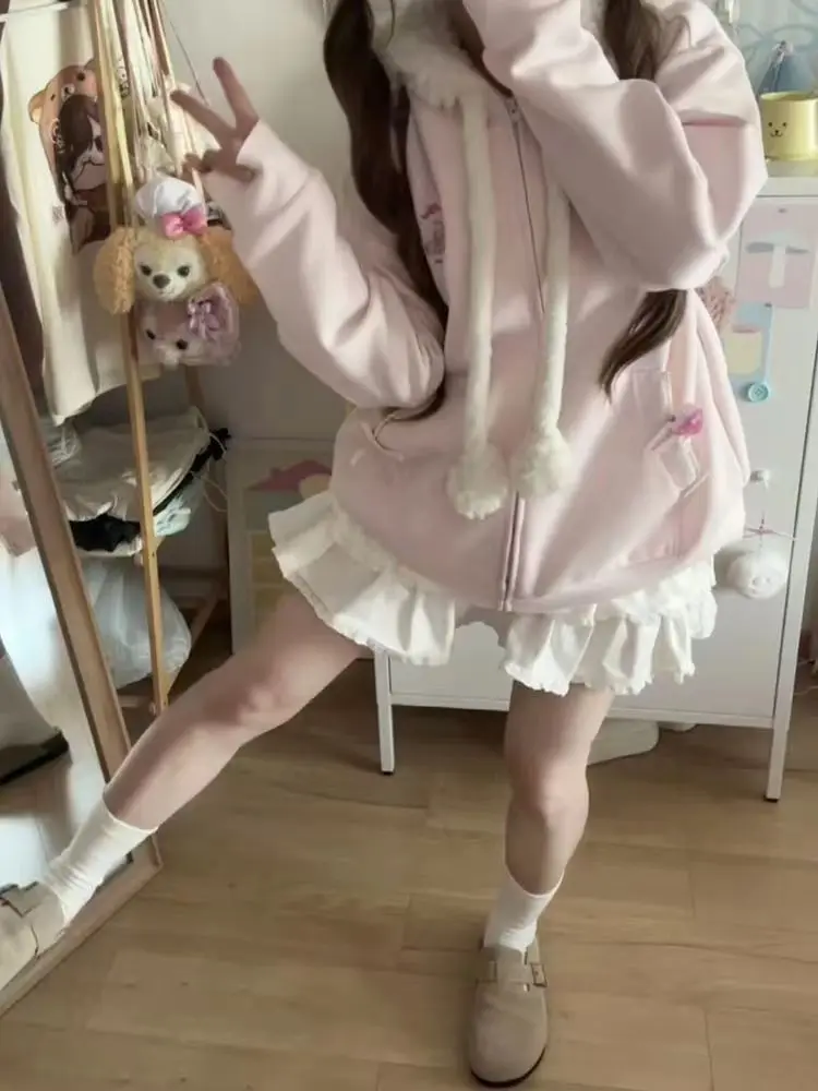 Japanese Sweet Hooded Cardigan Sweatshirt Embroidery Women Cute Jacket Spring Autumn Coat Hooded Y2k Kawaii Outerwear New