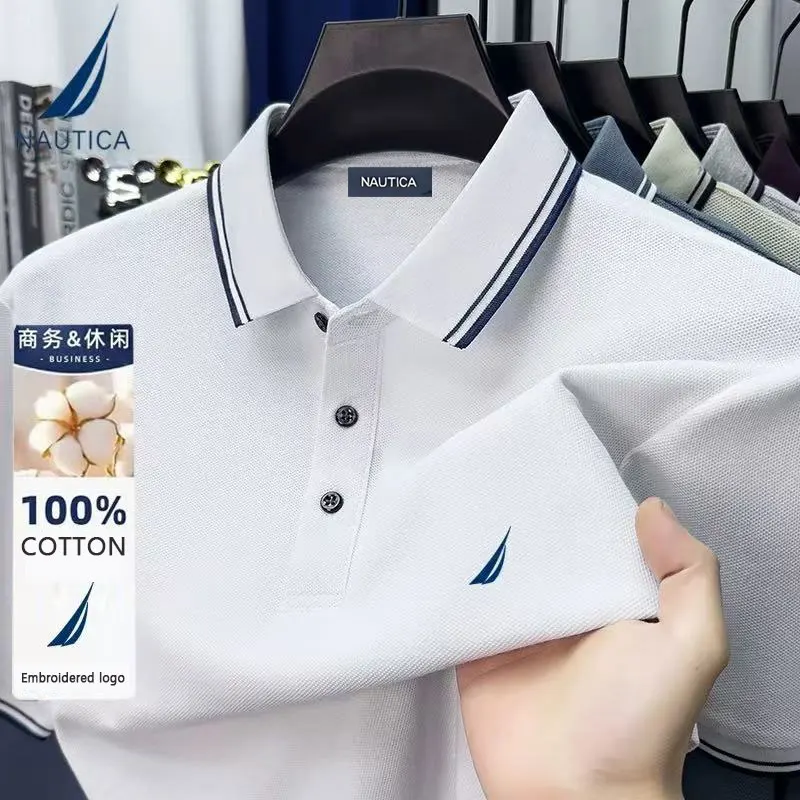 Nautica Embroidered Men's Casual Business Polo Shirt, Pure Cotton Summer Top, Short-Sleeved T-Shirt, Men's Brand Clothing