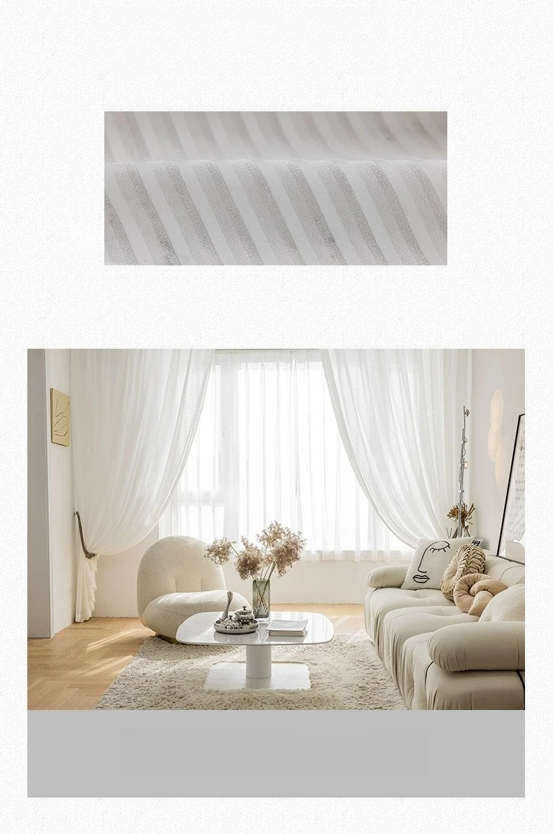 1PC Japanese Simple White Striped Tulle Window Chiffon Sheer Curtains for Living Room Bedroom Dining Luxury Decor Drapes 창문커텐