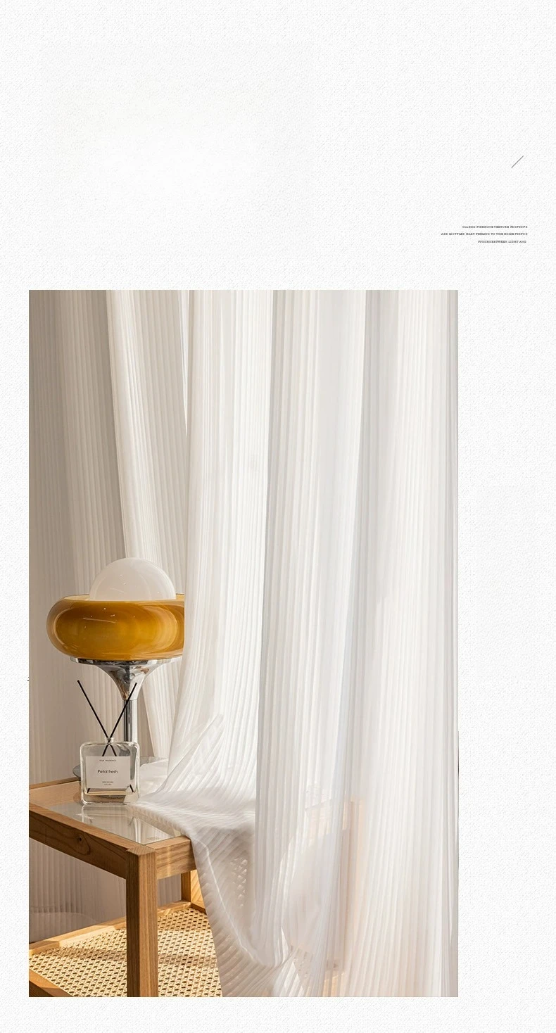 1PC Japanese Simple White Striped Tulle Window Chiffon Sheer Curtains for Living Room Bedroom Dining Luxury Decor Drapes 창문커텐