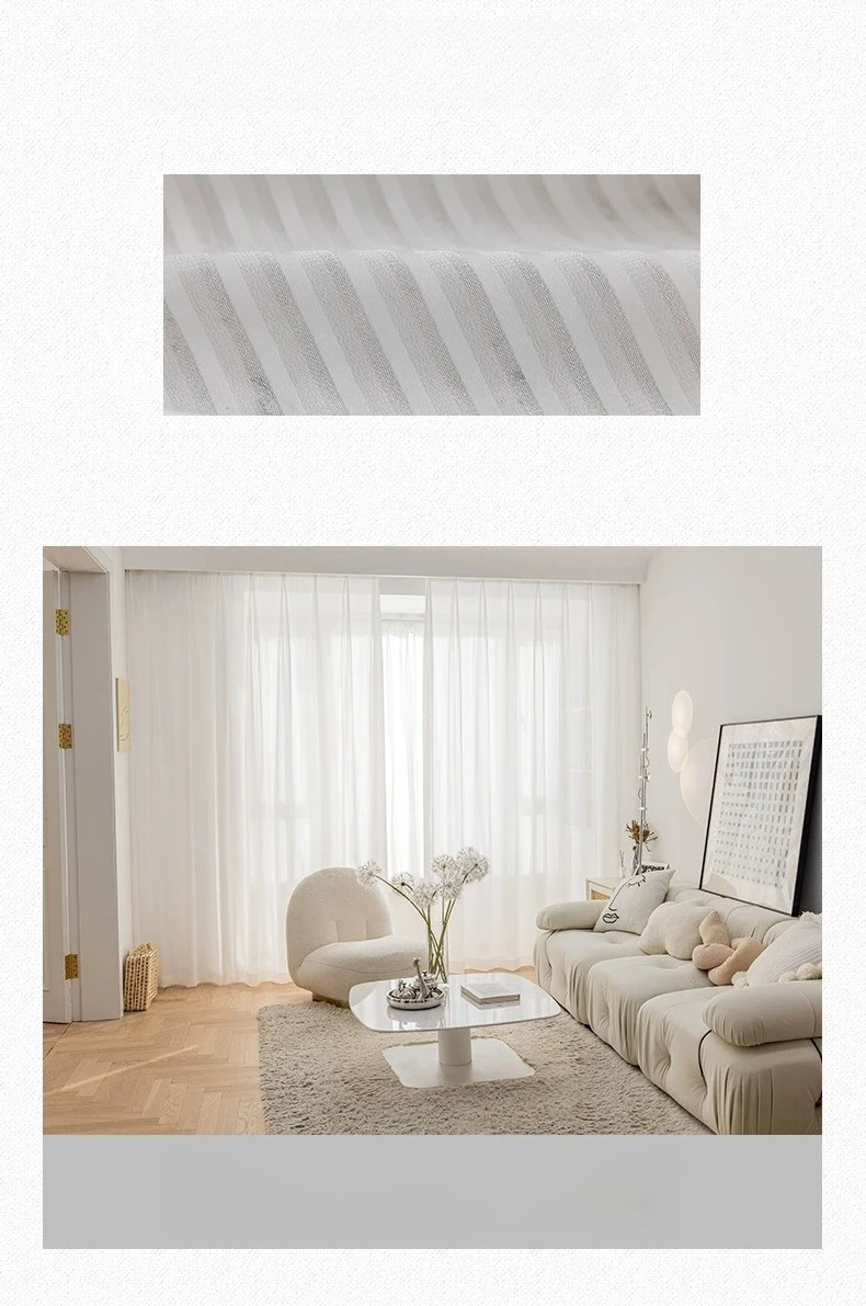 1PC Japanese Simple White Striped Tulle Window Chiffon Sheer Curtains for Living Room Bedroom Dining Luxury Decor Drapes 창문커텐