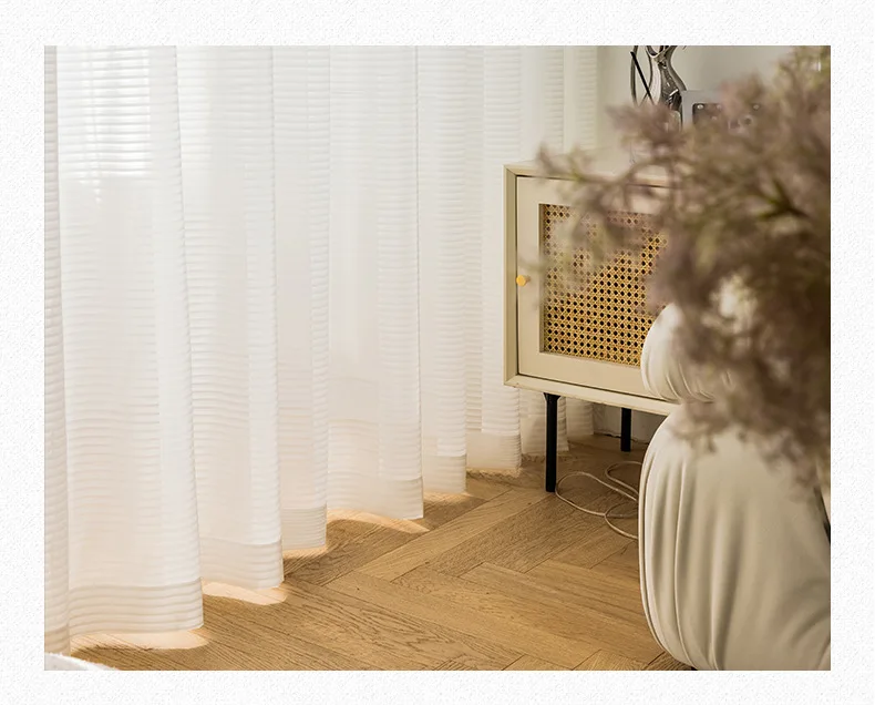 1PC Japanese Simple White Striped Tulle Window Chiffon Sheer Curtains for Living Room Bedroom Dining Luxury Decor Drapes 창문커텐