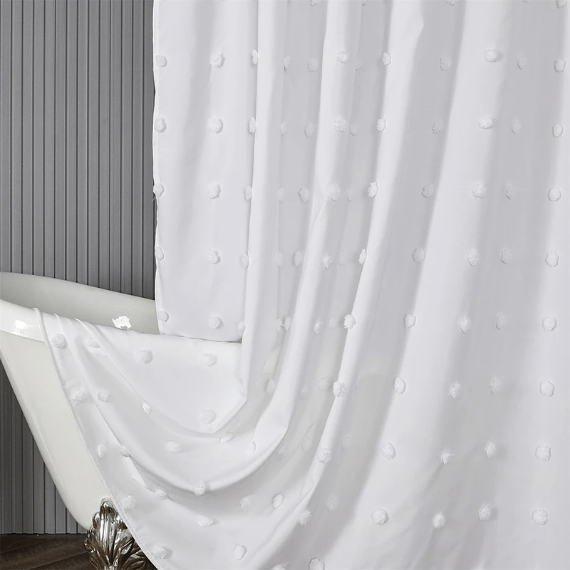 Waterproof Polyester Woven Fabric Shower Curtain White Flocking Shower Curtains for Bathroom Bathtub Bathing Cover with Hooks