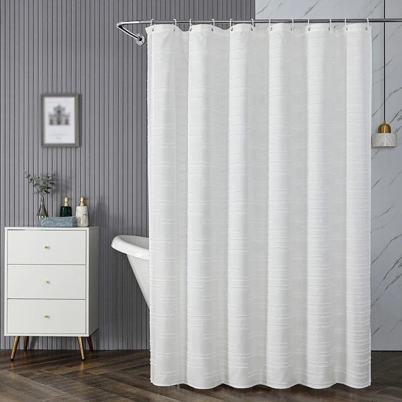 Waterproof Polyester Woven Fabric Shower Curtain White Flocking Shower Curtains for Bathroom Bathtub Bathing Cover with Hooks