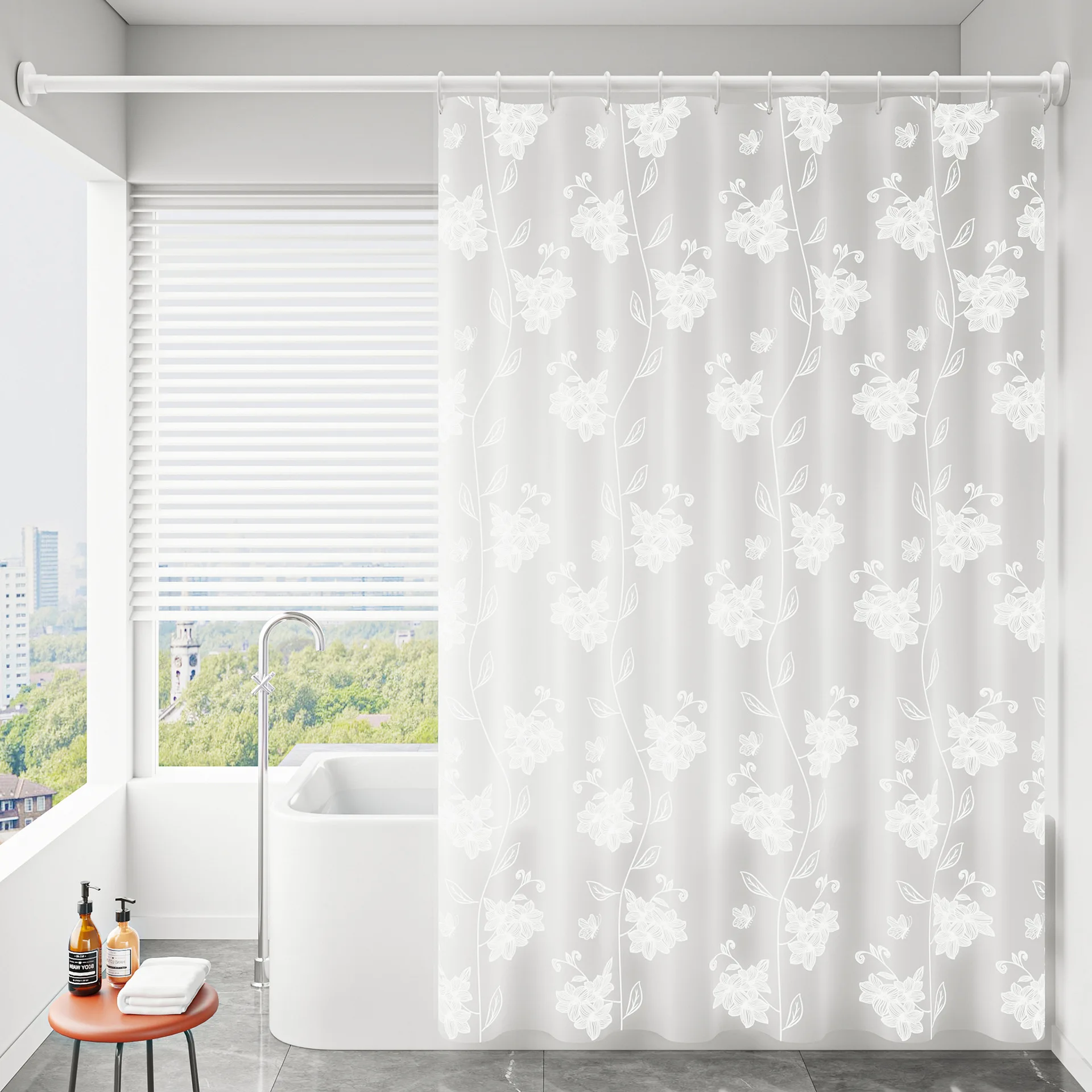 Shower Curtain White Floral Printed 240cm Bathroom Shower Curtains Pvea Fabric Luxury Romatic Style Waterproof Bathroom Curtain