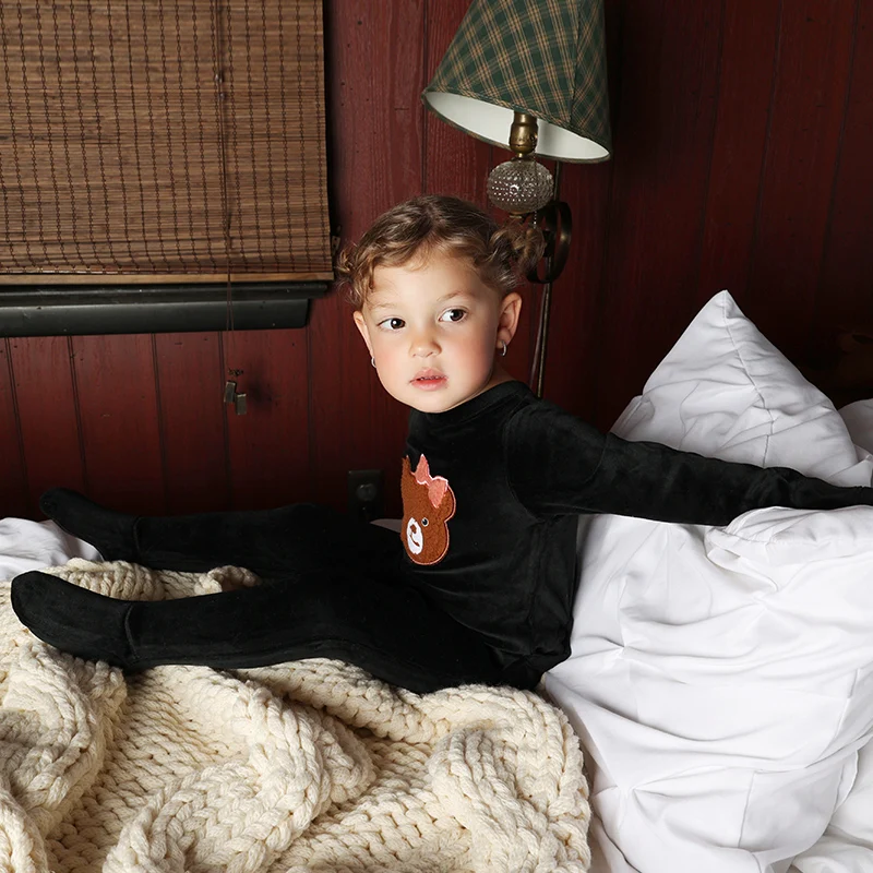 AA-Sibling Family Matching Black Velour Children Pajamas Nightgown baby Romper sherpa Bear Pajamas Set