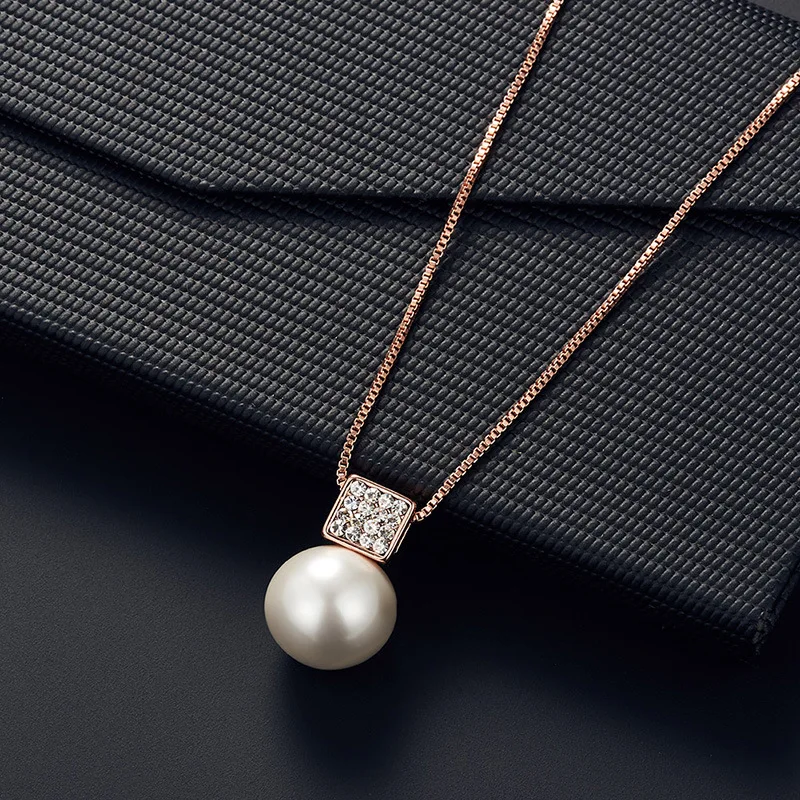 2 PCS Imitation Pearl Pendant Women Necklace Earring Stud Set Silver Color Snake Chain Square Metal Full Crystal Jewelry Set