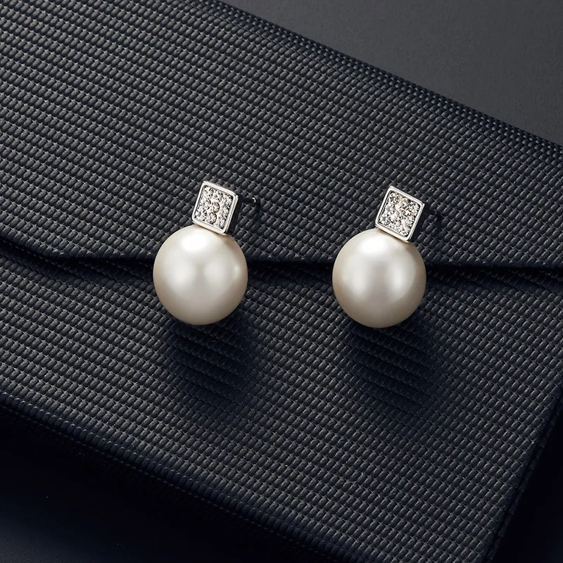 2 PCS Imitation Pearl Pendant Women Necklace Earring Stud Set Silver Color Snake Chain Square Metal Full Crystal Jewelry Set