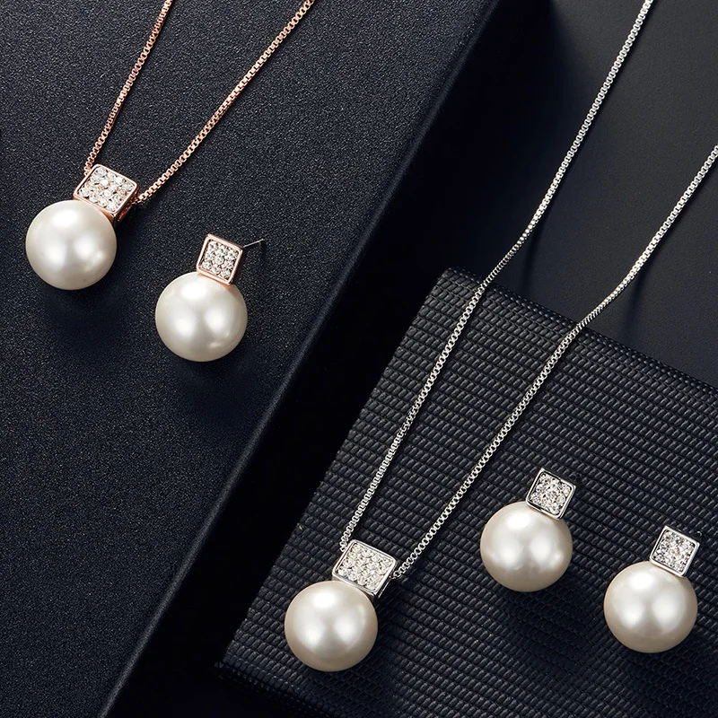 2 PCS Imitation Pearl Pendant Women Necklace Earring Stud Set Silver Color Snake Chain Square Metal Full Crystal Jewelry Set