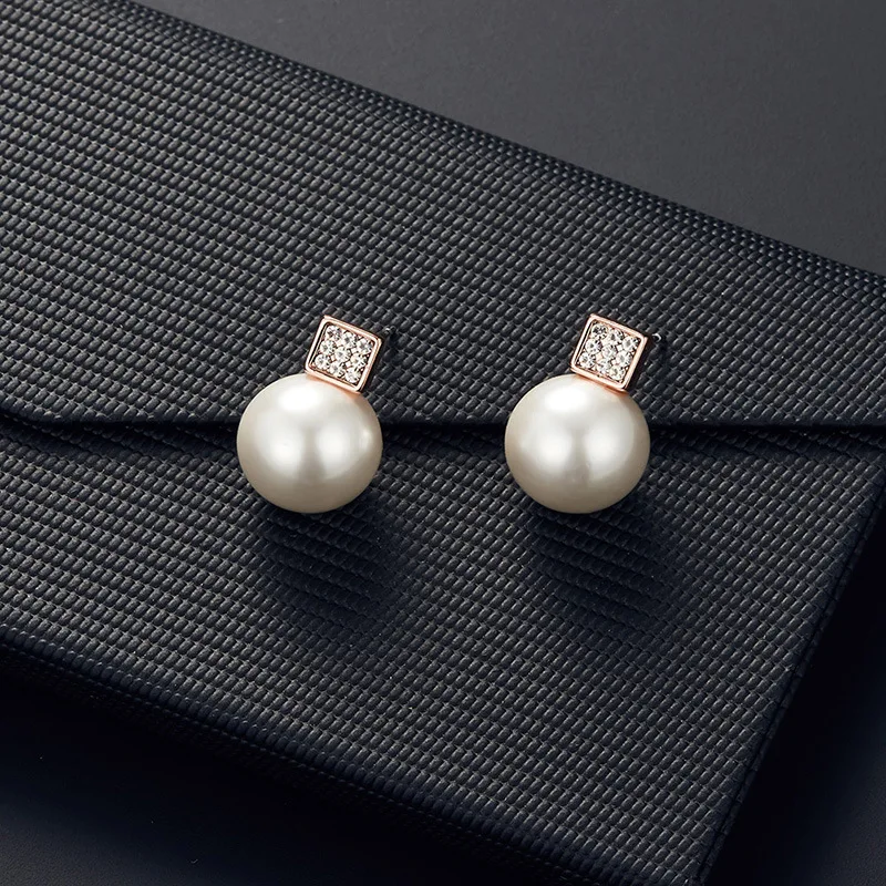 2 PCS Imitation Pearl Pendant Women Necklace Earring Stud Set Silver Color Snake Chain Square Metal Full Crystal Jewelry Set