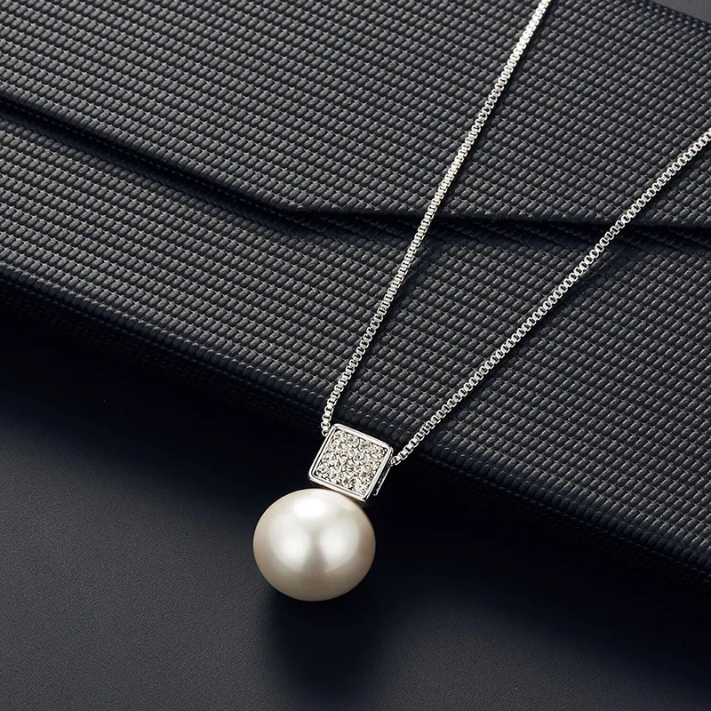 2 PCS Imitation Pearl Pendant Women Necklace Earring Stud Set Silver Color Snake Chain Square Metal Full Crystal Jewelry Set