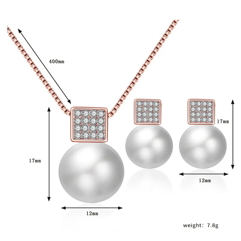 2 PCS Imitation Pearl Pendant Women Necklace Earring Stud Set Silver Color Snake Chain Square Metal Full Crystal Jewelry Set