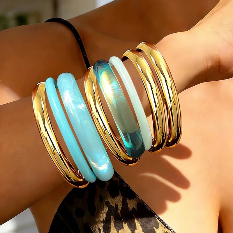 8pcs/4pcs Vintage Bracelet Set for Women Fashion Elegant Minimalist Blue Resin Tie Dye Stackable Bangle Beach Holiday Jewelry