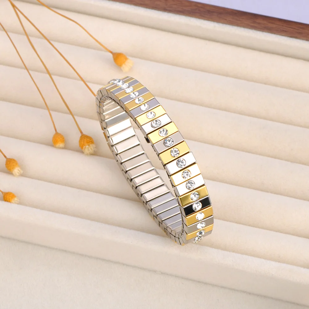 Lokaer 316L Stainless Steel CZ Crystal Elasticity Chain Bracelets For Women Real Gold Plated Trendy Waterproof Jewelry B23138