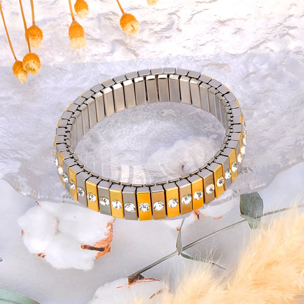 Lokaer 316L Stainless Steel CZ Crystal Elasticity Chain Bracelets For Women Real Gold Plated Trendy Waterproof Jewelry B23138
