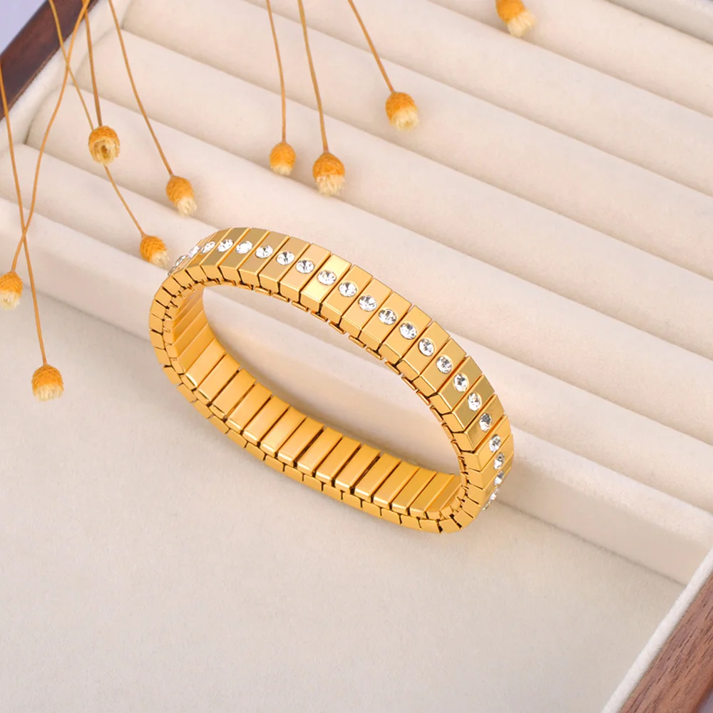 Lokaer 316L Stainless Steel CZ Crystal Elasticity Chain Bracelets For Women Real Gold Plated Trendy Waterproof Jewelry B23138