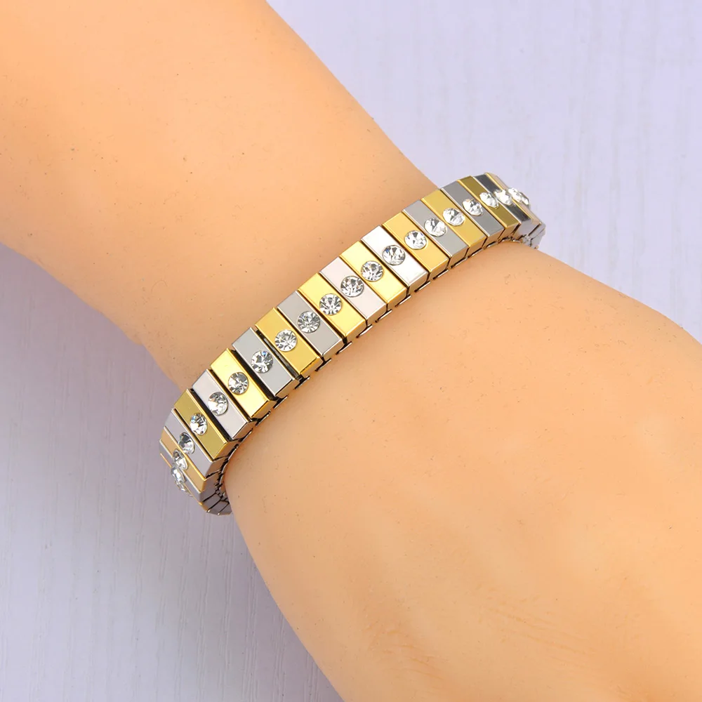 Lokaer 316L Stainless Steel CZ Crystal Elasticity Chain Bracelets For Women Real Gold Plated Trendy Waterproof Jewelry B23138