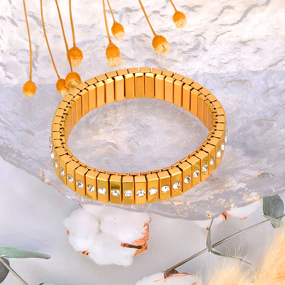 Lokaer 316L Stainless Steel CZ Crystal Elasticity Chain Bracelets For Women Real Gold Plated Trendy Waterproof Jewelry B23138