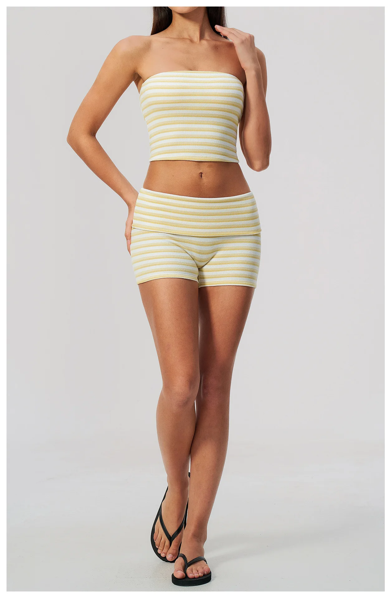 Stripes Yoga Shorts Women's Fold Over Waist Gym Fitness Short Tights Tummy Control Workout Fitness Shorts Female Pilates Tights