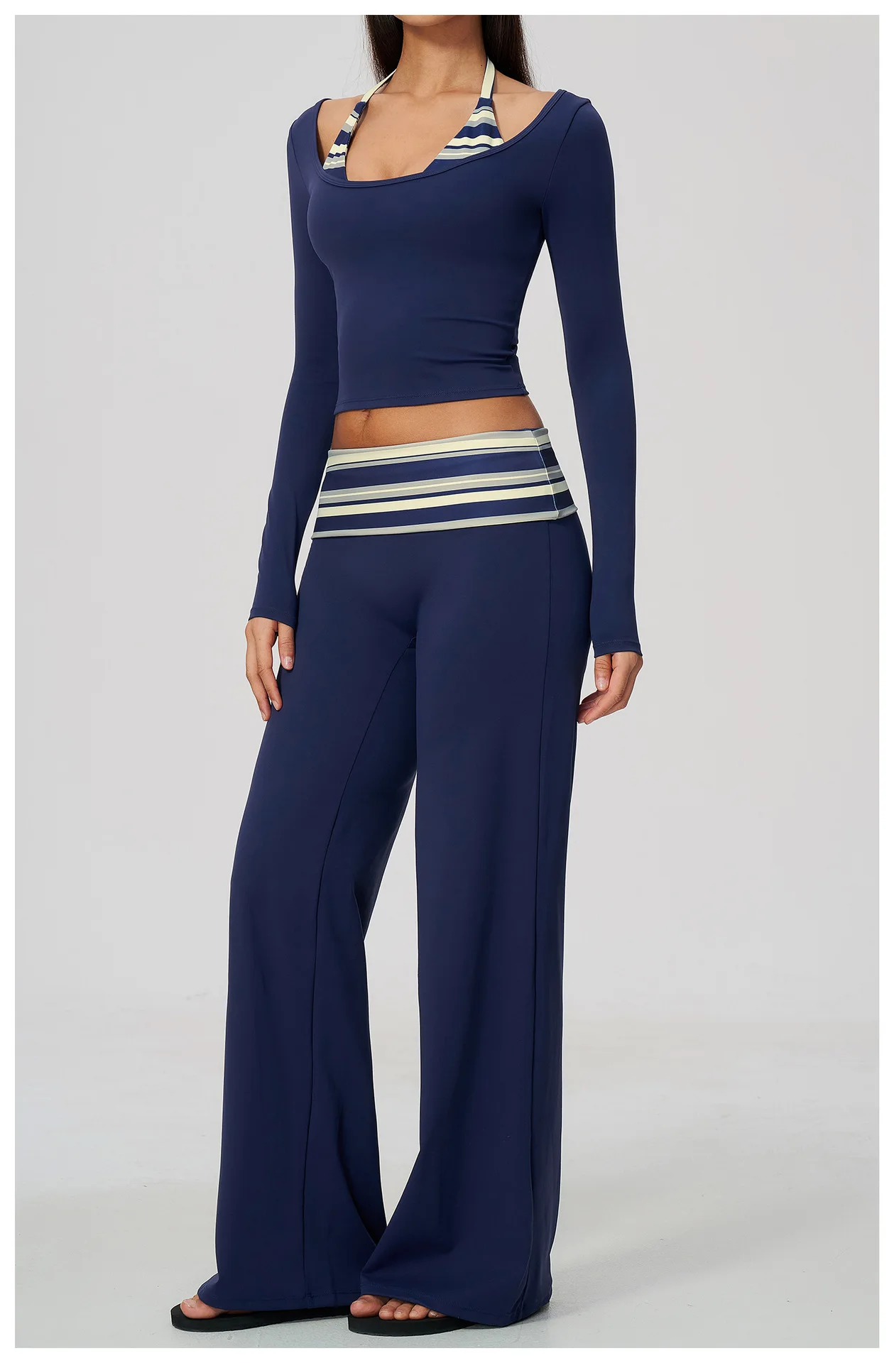Striped Yoga Set Fitness Suit Gym Clothing Workout Tracksuit Women Sportswear 2 Piece Halter Long Sleeve Active Outfits Training