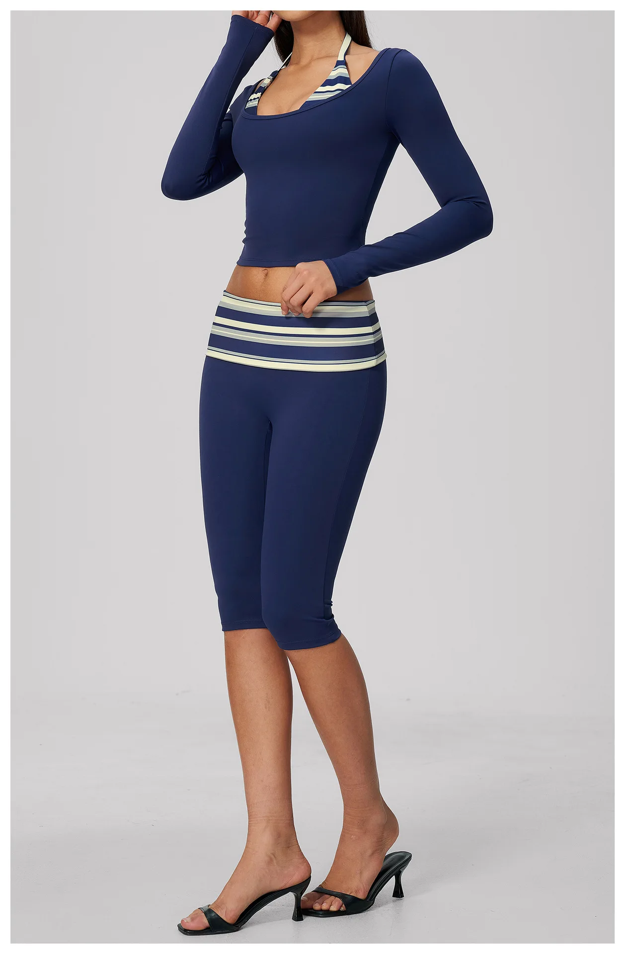 Striped Yoga Set Fitness Suit Gym Clothing Workout Tracksuit Women Sportswear 2 Piece Halter Long Sleeve Active Outfits Training
