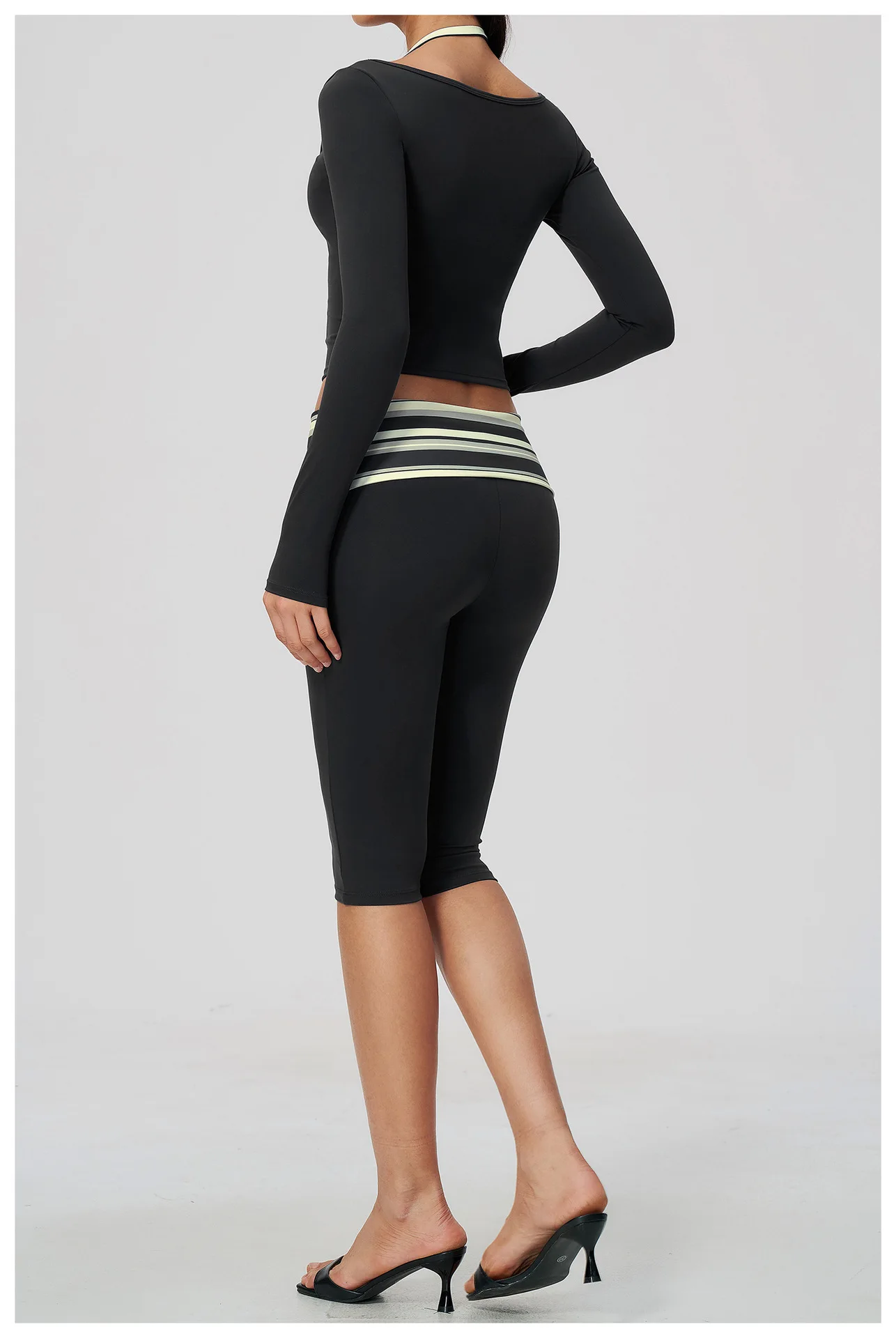 Striped Yoga Set Fitness Suit Gym Clothing Workout Tracksuit Women Sportswear 2 Piece Halter Long Sleeve Active Outfits Training