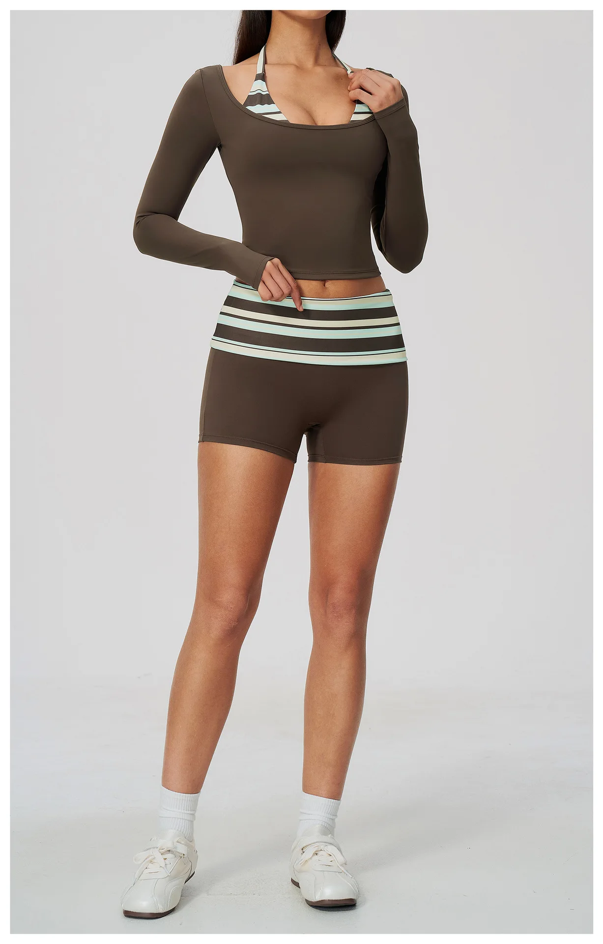 Striped Yoga Set Fitness Suit Gym Clothing Workout Tracksuit Women Sportswear 2 Piece Halter Long Sleeve Active Outfits Training