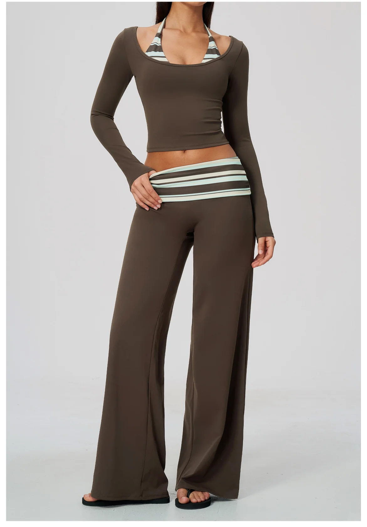 Striped Yoga Set Fitness Suit Gym Clothing Workout Tracksuit Women Sportswear 2 Piece Halter Long Sleeve Active Outfits Training