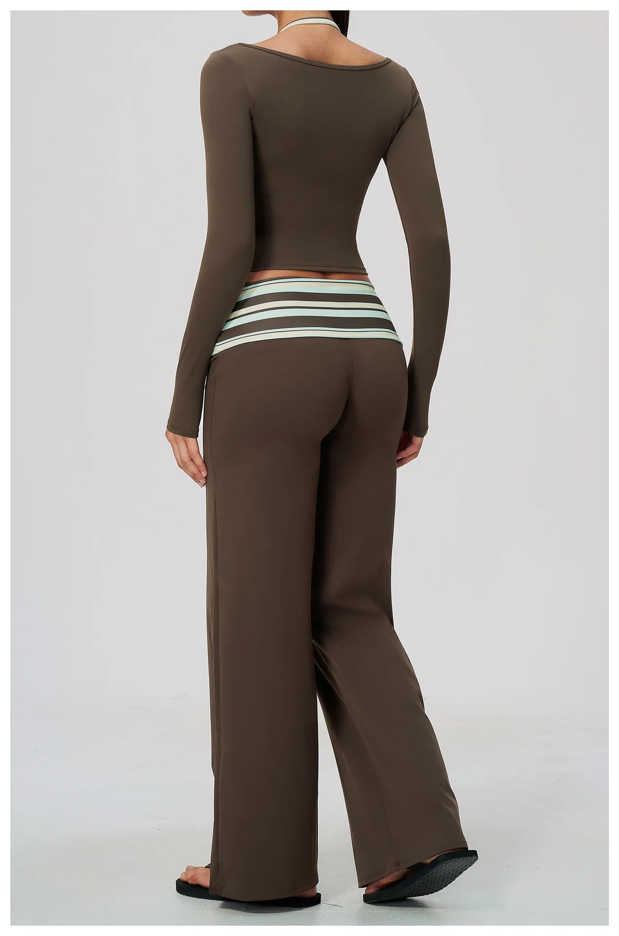 Striped Yoga Set Fitness Suit Gym Clothing Workout Tracksuit Women Sportswear 2 Piece Halter Long Sleeve Active Outfits Training