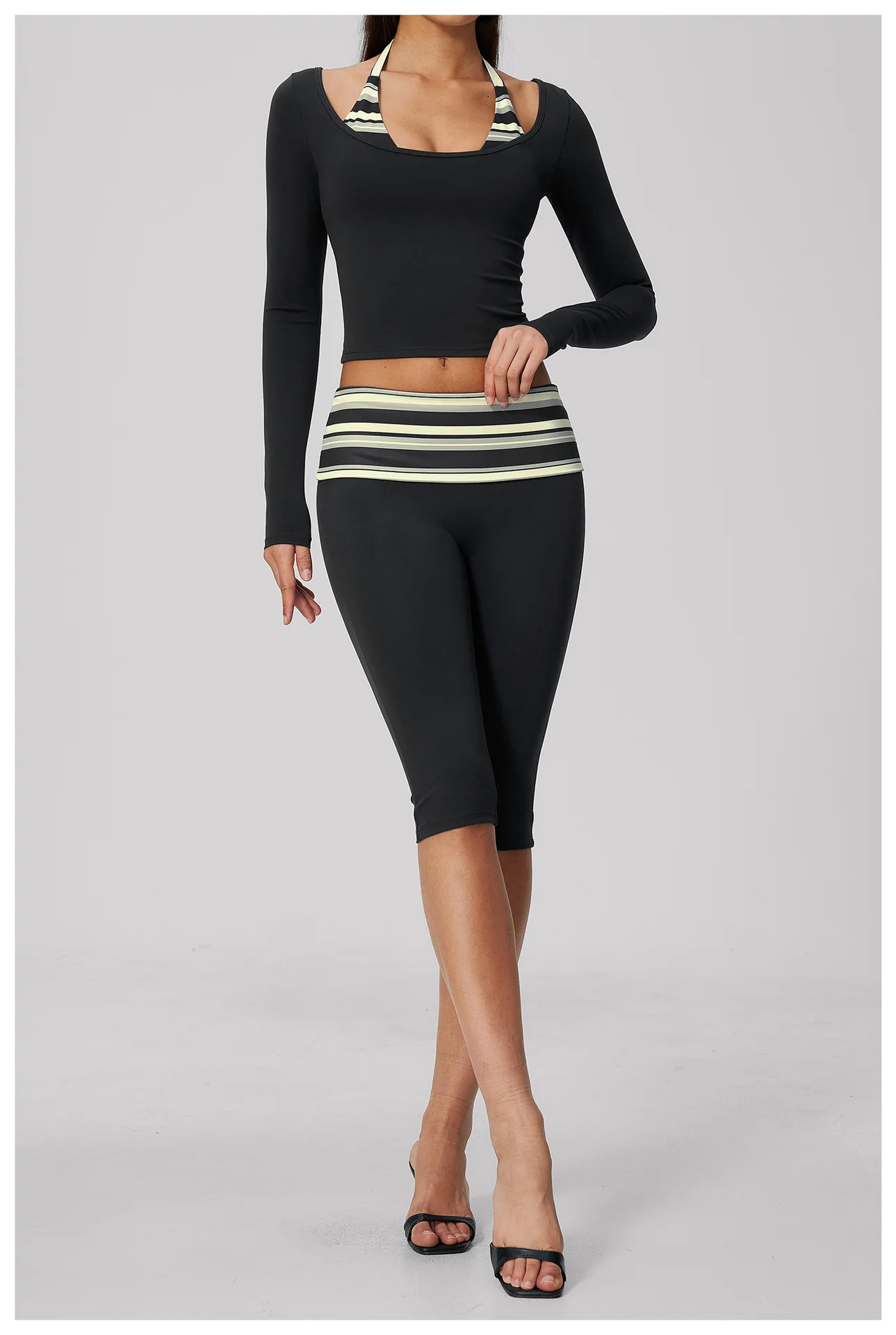 Striped Yoga Set Fitness Suit Gym Clothing Workout Tracksuit Women Sportswear 2 Piece Halter Long Sleeve Active Outfits Training