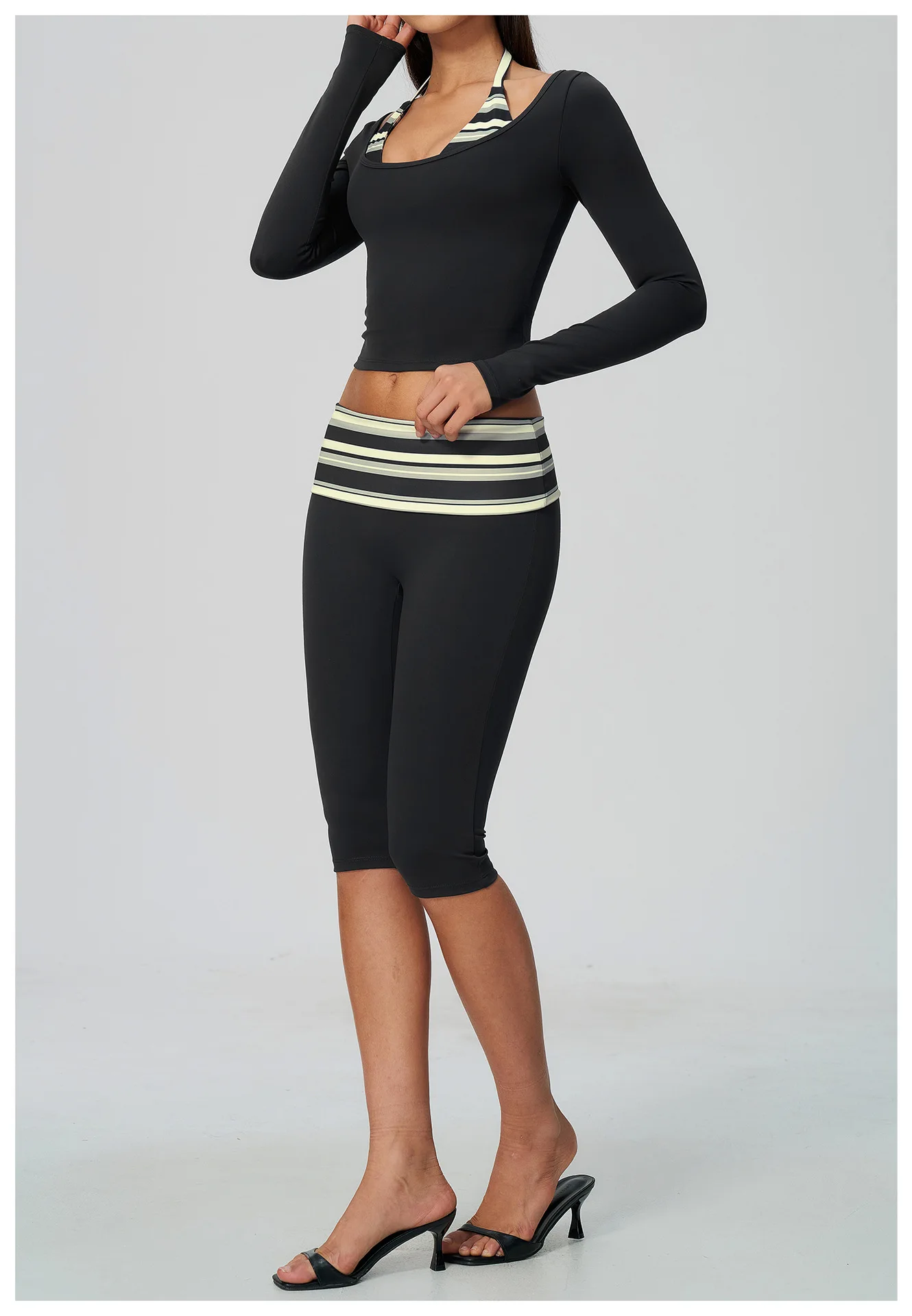 Striped Yoga Set Fitness Suit Gym Clothing Workout Tracksuit Women Sportswear 2 Piece Halter Long Sleeve Active Outfits Training