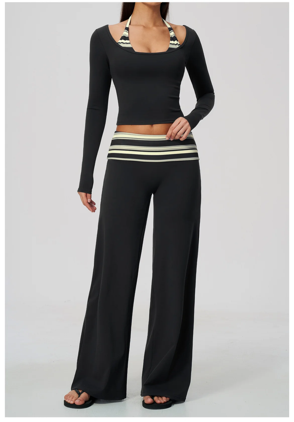 Striped Yoga Set Fitness Suit Gym Clothing Workout Tracksuit Women Sportswear 2 Piece Halter Long Sleeve Active Outfits Training