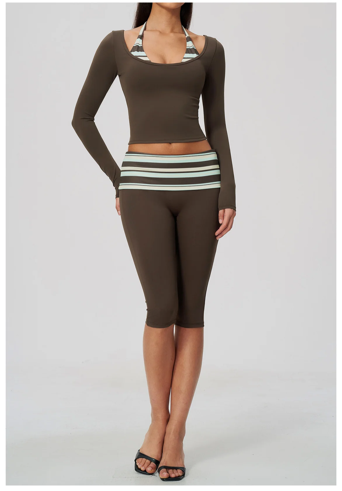 Striped Yoga Set Fitness Suit Gym Clothing Workout Tracksuit Women Sportswear 2 Piece Halter Long Sleeve Active Outfits Training