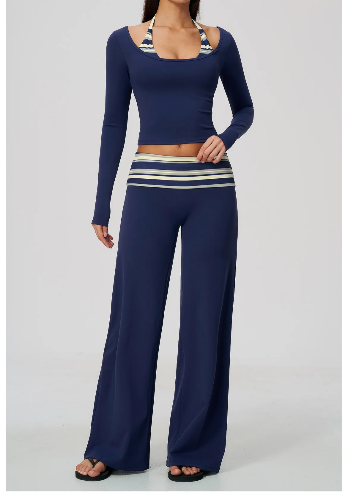 Striped Yoga Set Fitness Suit Gym Clothing Workout Tracksuit Women Sportswear 2 Piece Halter Long Sleeve Active Outfits Training