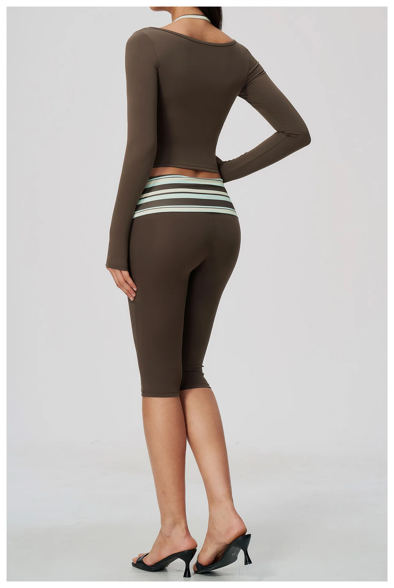 Striped Yoga Set Fitness Suit Gym Clothing Workout Tracksuit Women Sportswear 2 Piece Halter Long Sleeve Active Outfits Training