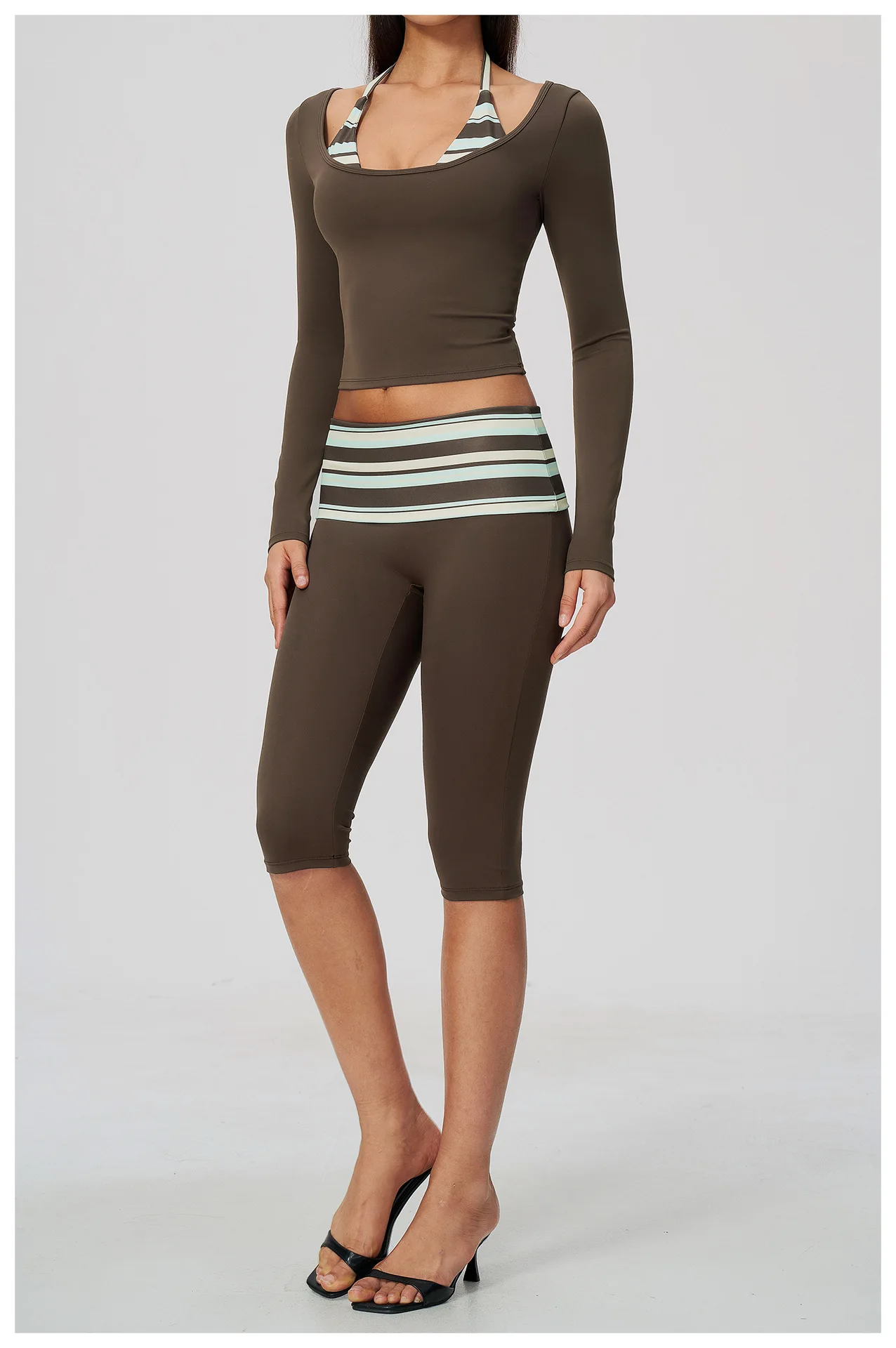 Striped Yoga Set Fitness Suit Gym Clothing Workout Tracksuit Women Sportswear 2 Piece Halter Long Sleeve Active Outfits Training