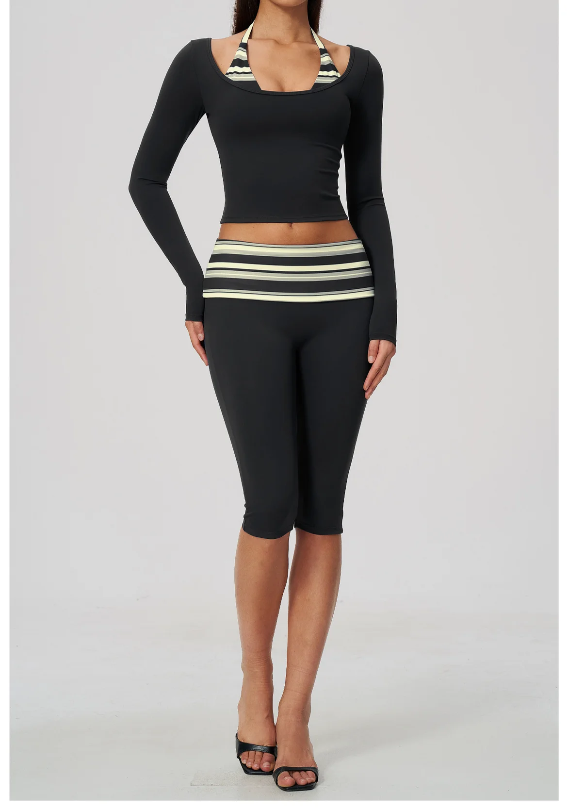 Striped Yoga Set Fitness Suit Gym Clothing Workout Tracksuit Women Sportswear 2 Piece Halter Long Sleeve Active Outfits Training