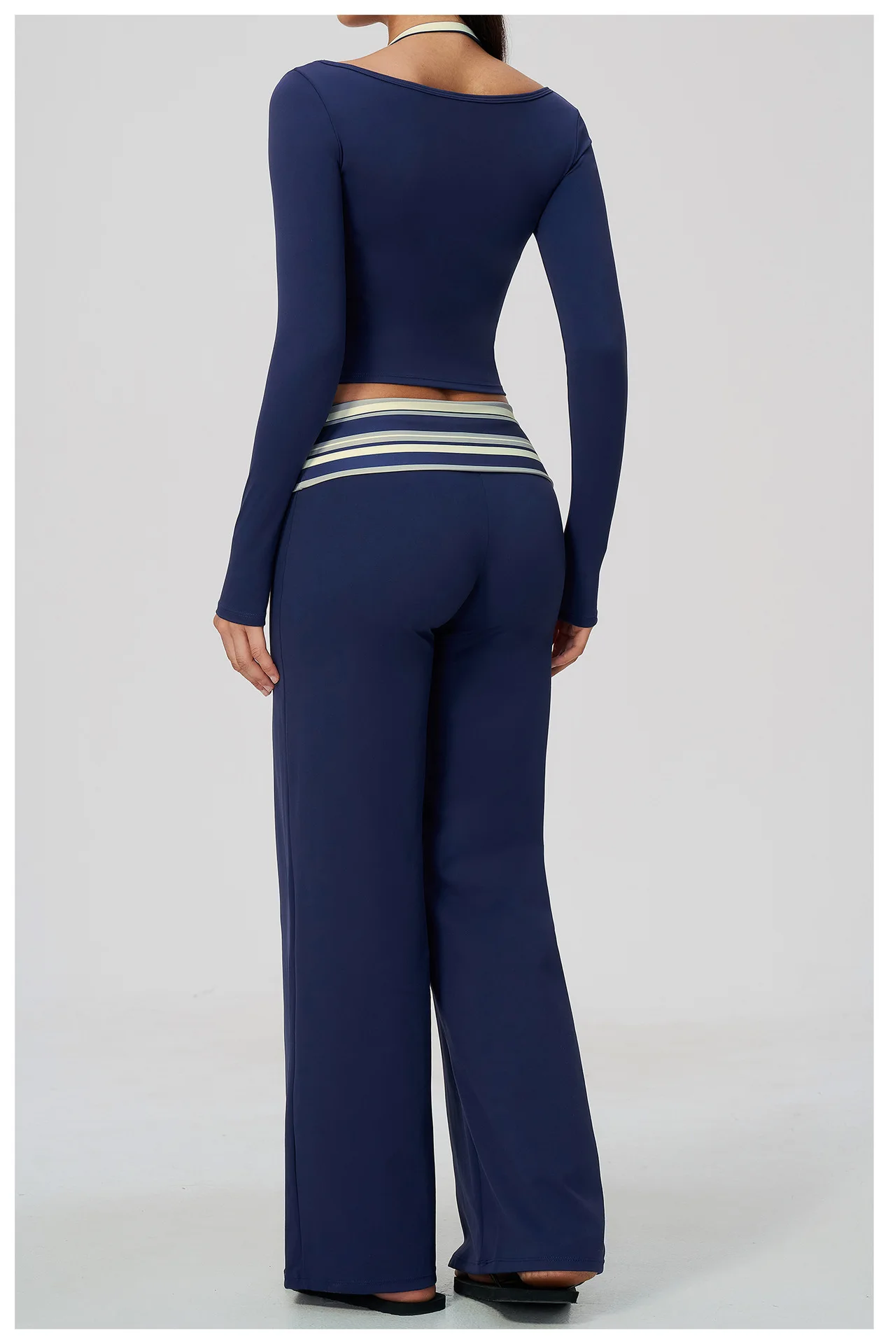 Striped Yoga Set Fitness Suit Gym Clothing Workout Tracksuit Women Sportswear 2 Piece Halter Long Sleeve Active Outfits Training