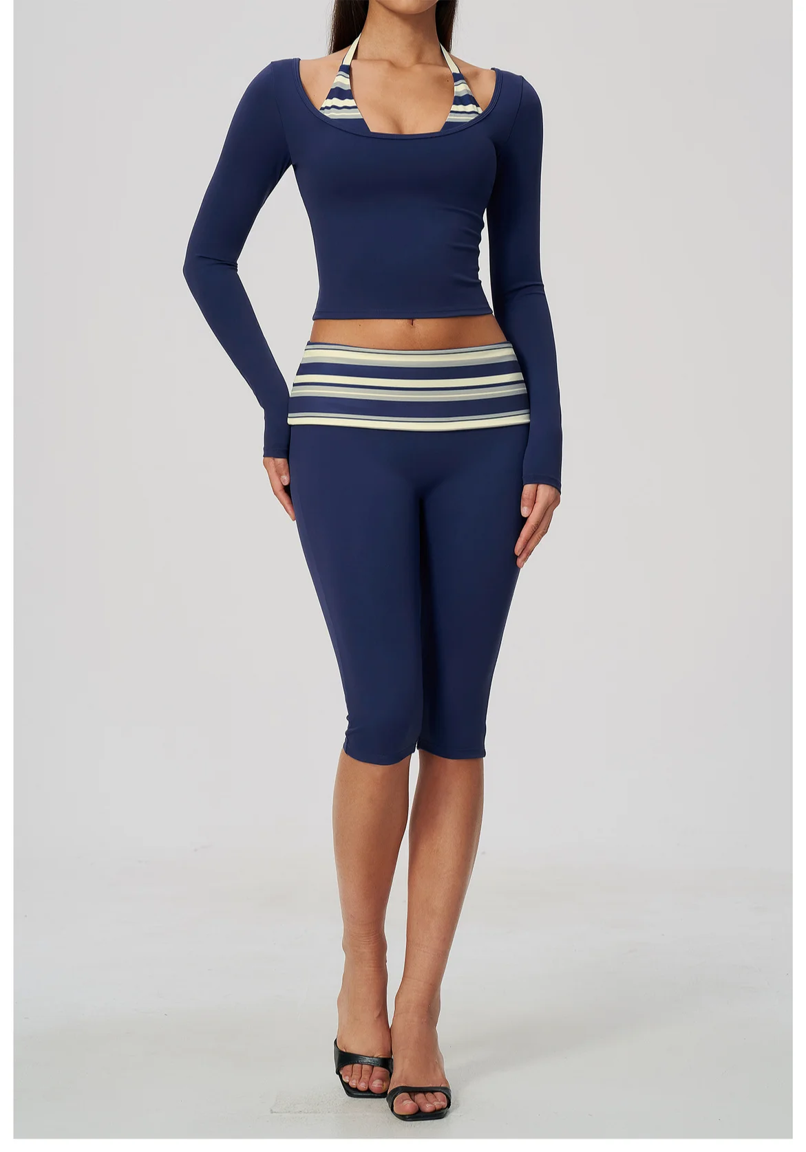 Striped Yoga Set Fitness Suit Gym Clothing Workout Tracksuit Women Sportswear 2 Piece Halter Long Sleeve Active Outfits Training