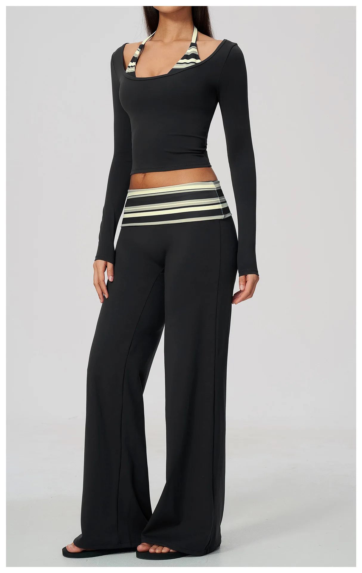 Striped Yoga Set Fitness Suit Gym Clothing Workout Tracksuit Women Sportswear 2 Piece Halter Long Sleeve Active Outfits Training