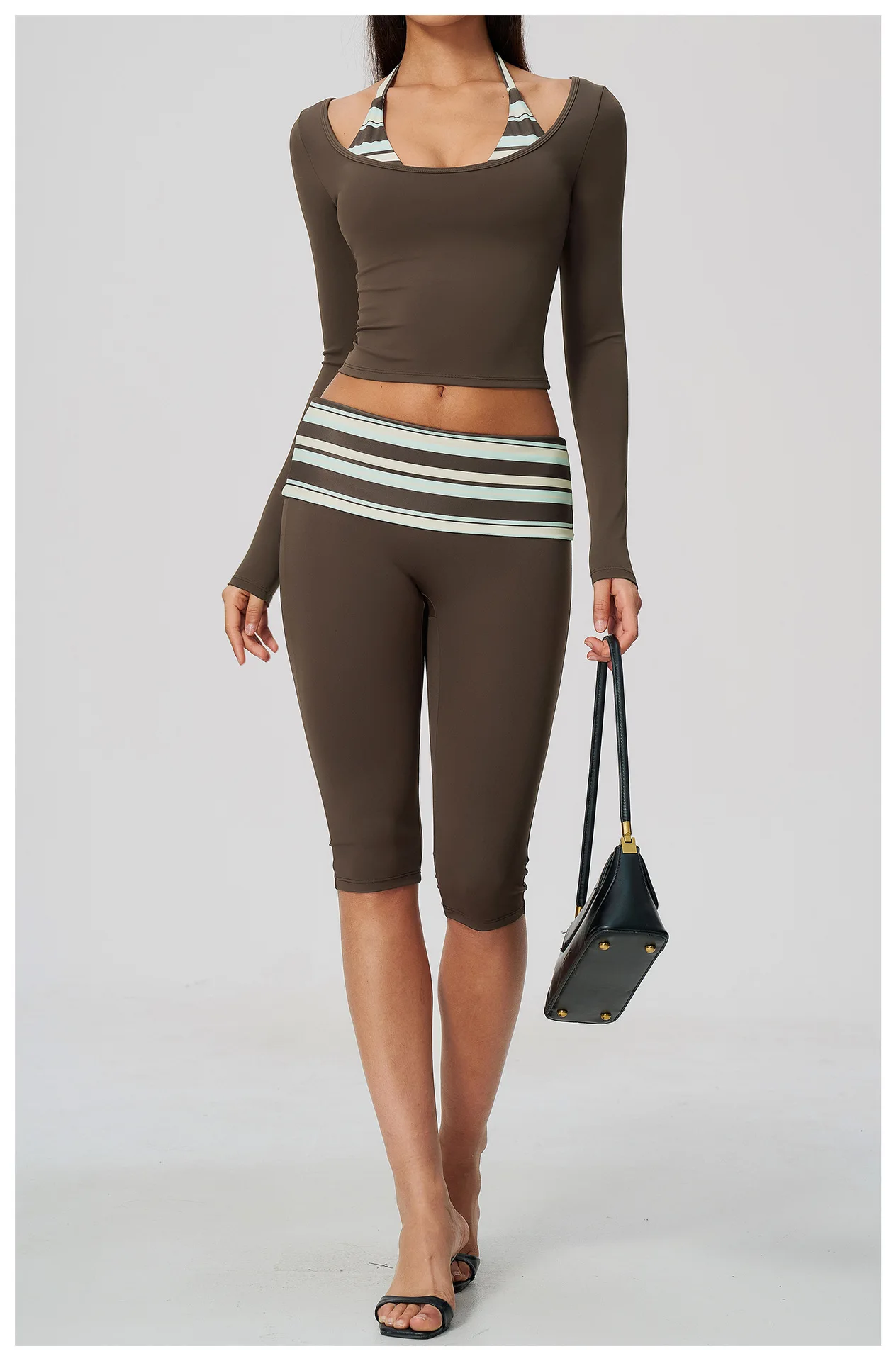 Striped Yoga Set Fitness Suit Gym Clothing Workout Tracksuit Women Sportswear 2 Piece Halter Long Sleeve Active Outfits Training