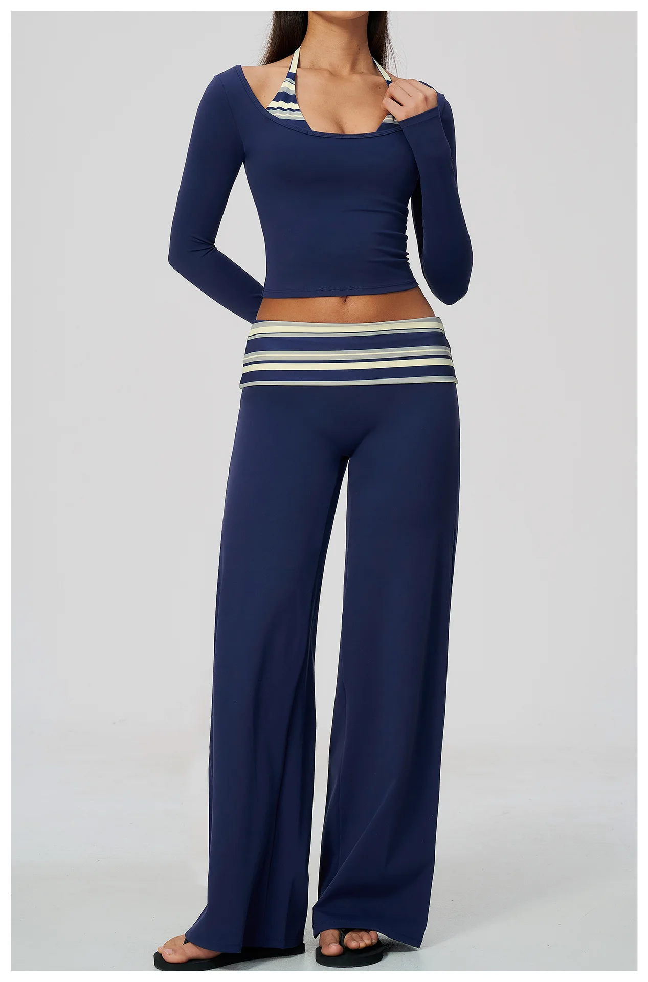 Striped Yoga Set Fitness Suit Gym Clothing Workout Tracksuit Women Sportswear 2 Piece Halter Long Sleeve Active Outfits Training
